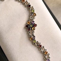 Sterling Silver Bracelet Flower Multi Gemstone Amethyst Peridot Citrine Garnet