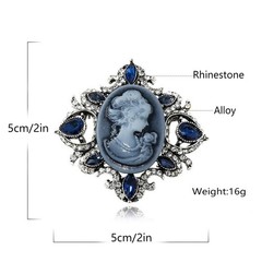 Vintage Cameo Lady Rhinestone Brooch Pin for Women Girls Antique Medium, Blue