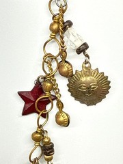 Vtg Brass Star Moon Charms Necklace red blue patriotic Boho 30″ July 4th