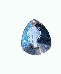 Vintage Teardrop Shaped Glass Iridescent Intaglio Cross Pendant