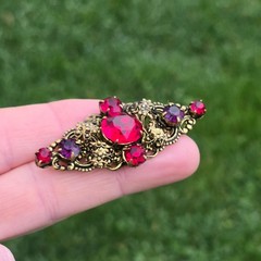 Antique Brooch Czech Glass Brass Filigree Pin Ruby Red Purple Czechoslovakia