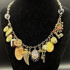 Vintage Brassy-Bronzy Chain Necklace of Mixed Metals: Heart, Bird, Deer, Angel +