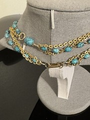 Vintage Hong Kong Necklace Multi Strand Turquoise Colored Beads Gold Tone Chains