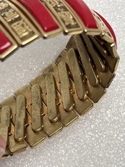 Vintage Gold Tone Red Acrylic Expansion Bracelet Has Symbols Made In Hong Kong