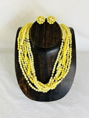 Hong Kong Yellow Beaded Necklace and Clip On Earrings Set Seven Strand Necklace