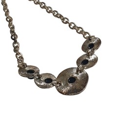 Vintage Chunky Silver Tone Chain Necklace Black Cabochon Discs Statement Jewelry