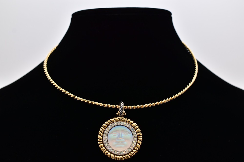 Vintage Kirks Folly Seaview Moon Face Pendant Necklace Gold AB Crystal 80s Bin3D