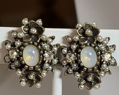 Vintage Opaline Glass Pearl Rhinestone Floral Clip Earrings Gold Tone