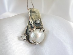 Brutalist Sterling Silver 925 Baroque Pearl Modernist Pendant Necklace