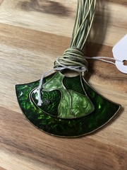 Greenstone Enamel Crescent Ladies Vintage Leather MultiStrand Necklace