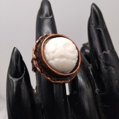 Adjustable Brutilist Style Copper Plated Ring w Vintage Opalescent Carved Stone