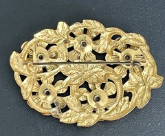 Vintage CZECH ART DECO Pin Pronged Blue Stones Gold Tone Filigree Design