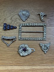Lot 7 Antique Rhinestone Pavé Art Deco Dress Clips, Buckle, Sapphire Blue Purple