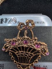 NEW 1928 Nickel Free Basket Brooch With Pink Rhinestones And Faux Pearl