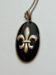 Vintage Sterling Silver 925 Black Onyx Fleur De Lis Pendant Necklace Italy Chain