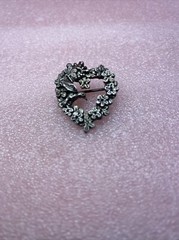 Hummingbird & Flowers ~ Heart ~ Silver-Plated Pewter Brooch ~ Signed MASJ
