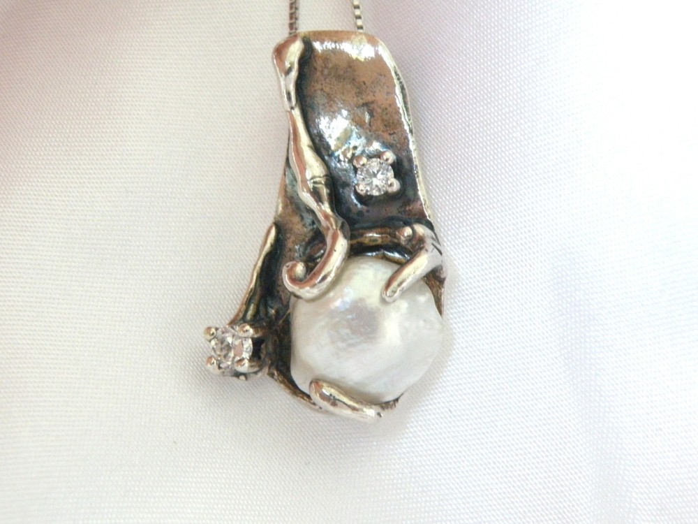 Brutalist Sterling Silver 925 Baroque Pearl Modernist Pendant Necklace