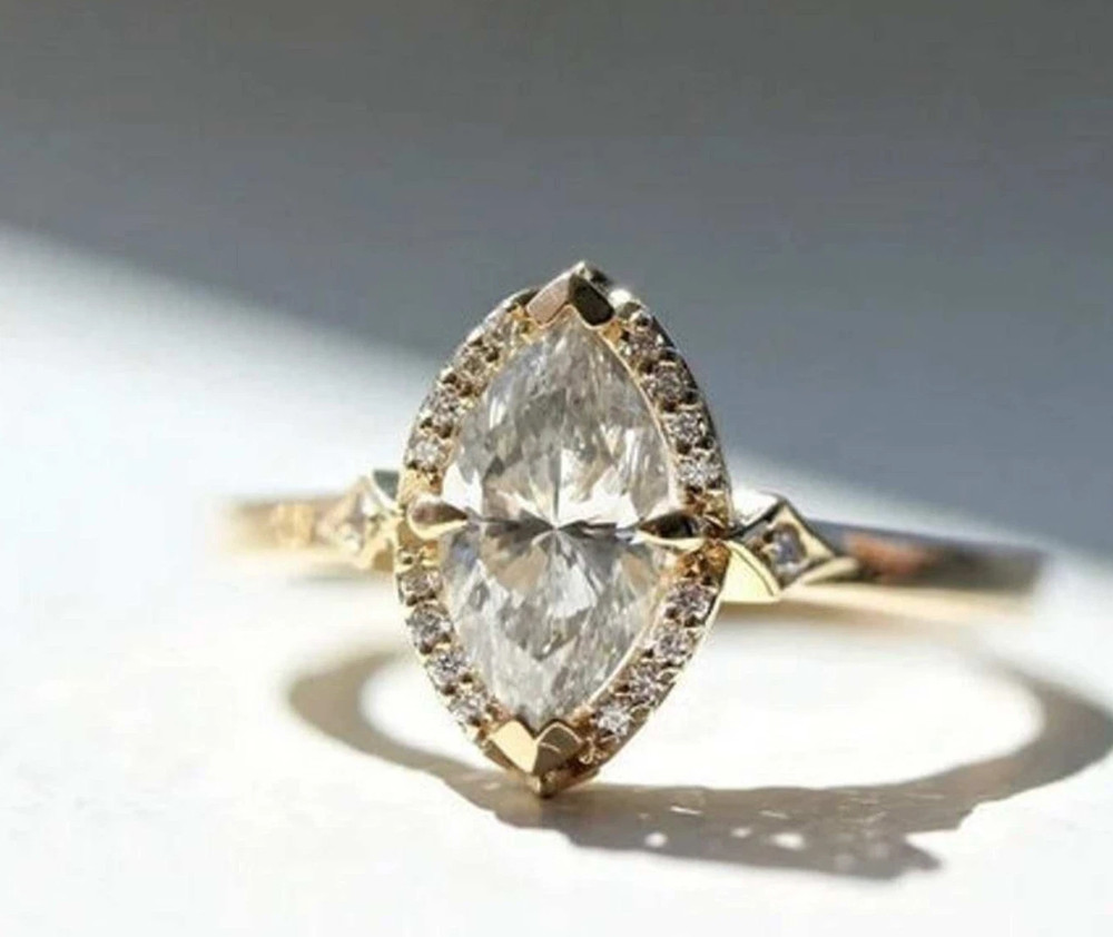 Halo Set 1.00CT Marquise Cut White Moissanite With 10K Yellow Gold FN Women Ring