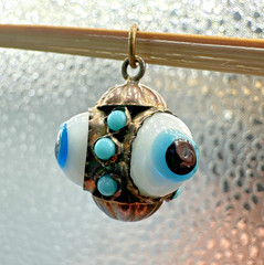 Vtg Victorian? Triple Evil Eye Blown Glass Gilted Brass Pendant Good Luck Amulet