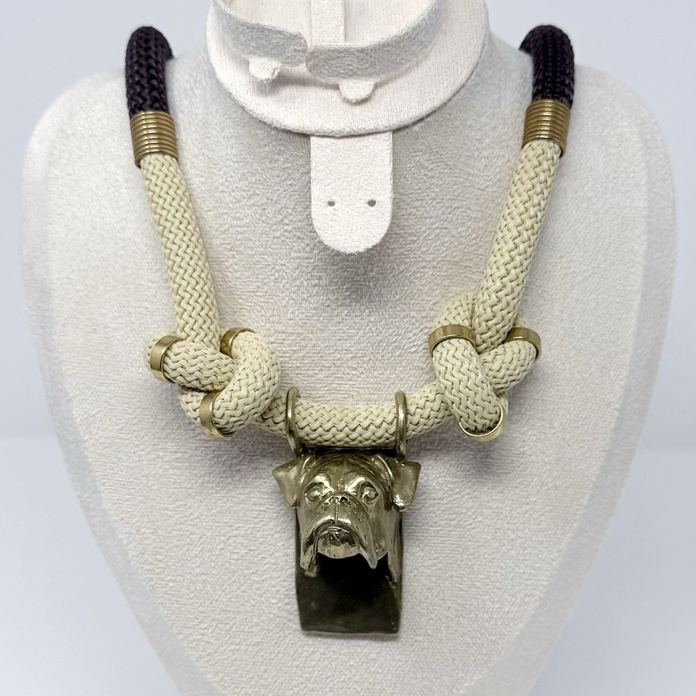 Vintage Boxer Dog Solid Brass Pendant Rope Statement Necklace Magnetic Clasp 26”