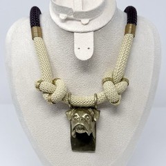 Vintage Boxer Dog Solid Brass Pendant Rope Statement Necklace Magnetic Clasp 26”