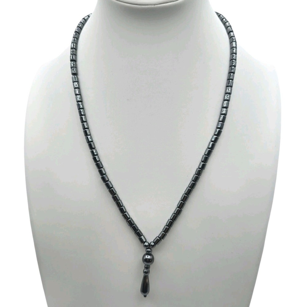 Vintage Necklace Hematite Y Drop Gunmetal Gray Black Color Tone 18″ SKU 3469