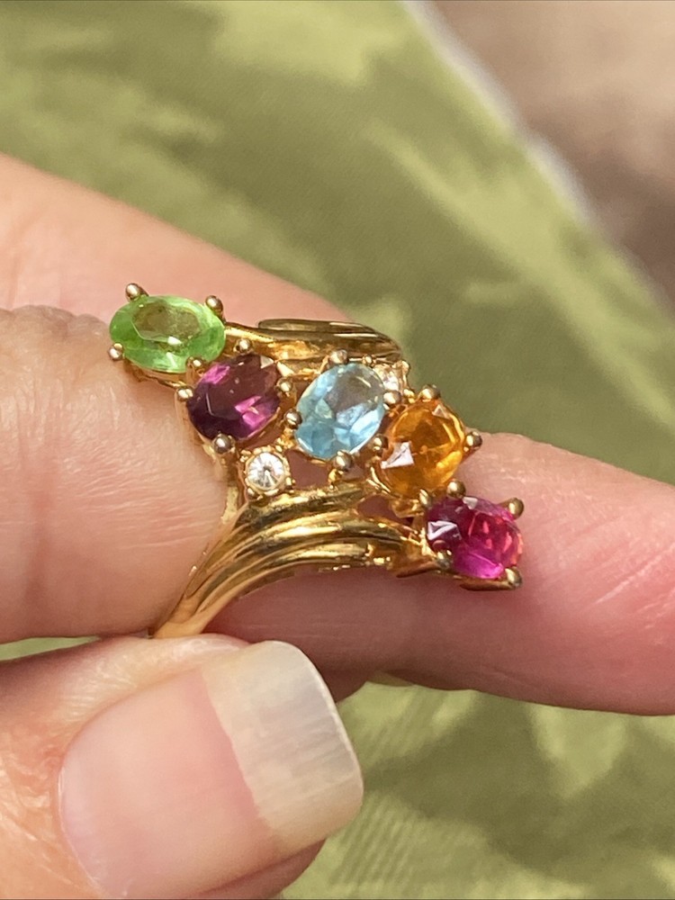 Vintage Mothers ring Sample Brass Gold Plated Multicolor Gemstone Band Size 7.75