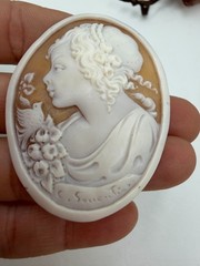 Vintage Cameo Unmounted Shell Girl in Profile Curls Bird Signed