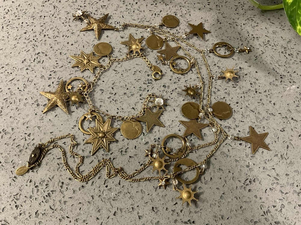 Vintage GLASS WORKS Studio Gold Tone Sun Moon Stars Necklace & Bracelet SET