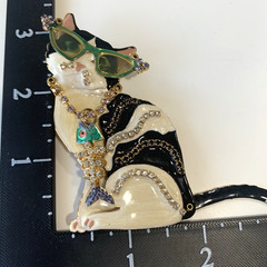 Lunch At The Ritz Cat Brooch Pendant Enamel Rhinestone Sunglasses Fish Charm Vtg