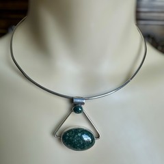 Vintage Pendant Collar Necklace 15.7 Inch Mottled Green Jade 925 Sterling 22.1g