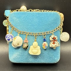 Vintage Eclectic Custom Charm Bracelet + Vtg Charms: Dog, Rabbit,Floral, Buddha+