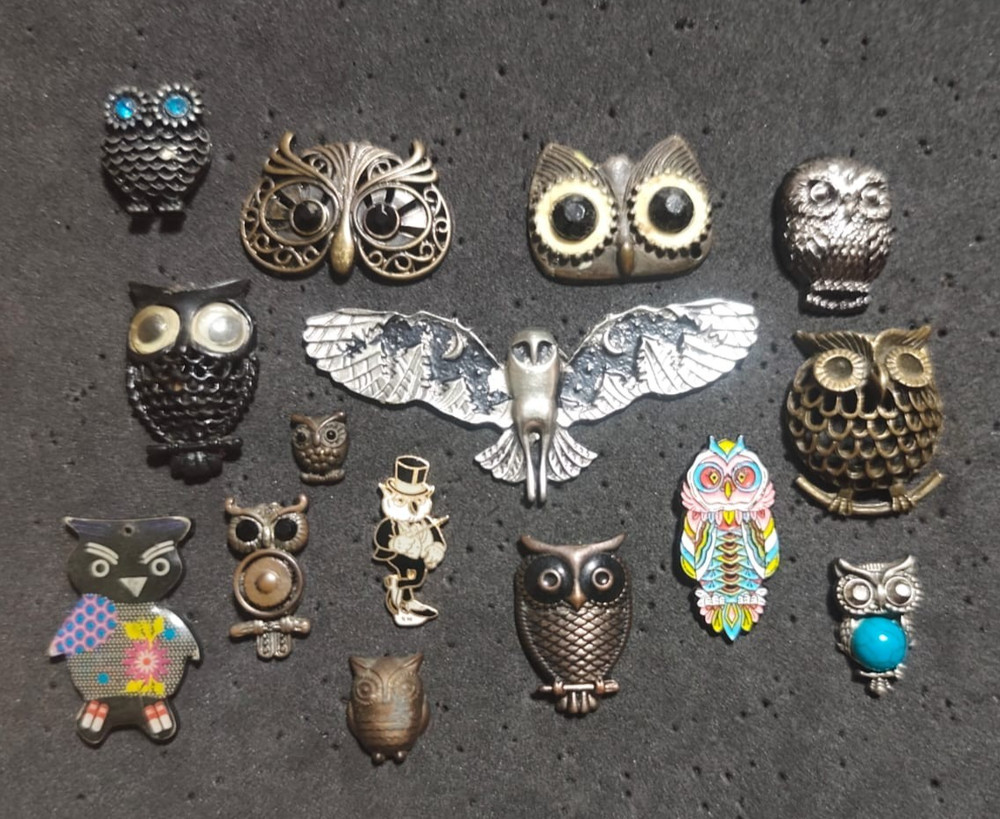 Vintage Owl Brooch Pin Lot of 15 Assorted Owl Pins Enamel Rhinestone Silver Tone