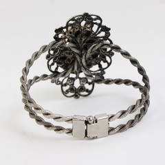 Vintage Pink Cabochon Pressed Flower Silver Filigree Cuff Artsy Bracelet