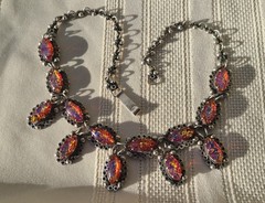 Vintage Sterling Silver Dragon’s Breath & Gold Foil Glass Jelly Opal Necklace