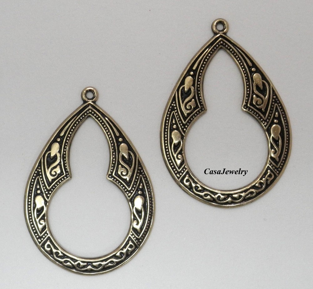 #0034 ANTIQUED GOLD OPEN TEARDROP W/TOP HANG RING – 2 Pc Lot