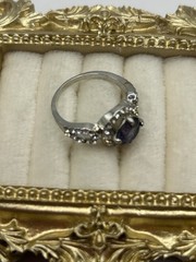 Silver Tone Purple Amethyst Halo Statement Ring Size 8.5 Vintage Costume Jewelry