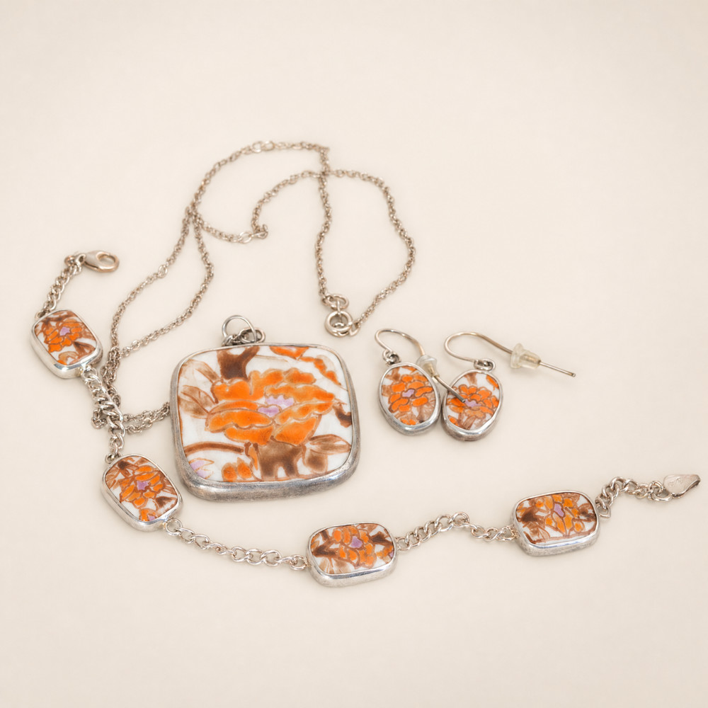 Vtg 70s Italian Sterling Silver Ceramic Floral Jewelry Set Necklace Bracelet Erg