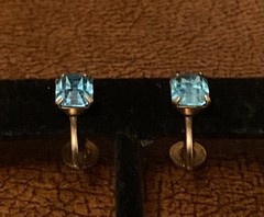 Vintage Gold Tone Earrings Blue Glass Screw Back Hallmarked