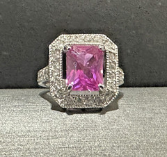 Pink Stone Halo Clear Rhinestone Statement Ring Silver Tone Sz 7.25
