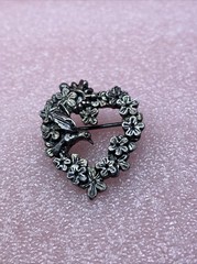 Hummingbird & Flowers ~ Heart ~ Silver-Plated Pewter Brooch ~ Signed MASJ