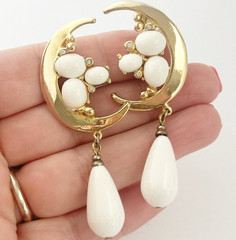 Vintage Crescent Moon Dangle Earrings White Cabochon Gold Tone Clip On Celestial