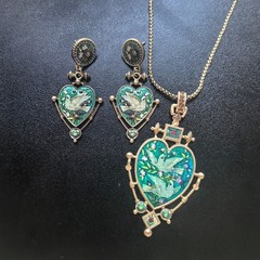 Vintage Heart Bird Jewelry Set Necklace Earrings Gold Victorian Gift Women