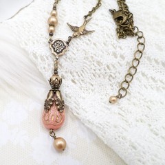 Victorian Style Brass Bird Necklace Pink Acrylic Bead Gold Pearl Handmade Unique