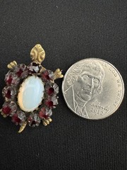 Antique Victorian Turtle Pin With Garnet Opaline Glass Gold Tone C Clasp 1” Cute