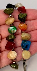 Vintage Link Polished Stone Glass Tumbled Agate Bracelet Rainbow 6.5”