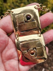 LILLO Israel Vintage Modernist Brass Pendant Necklace Neck Ring Cabochon Signed
