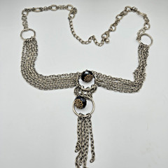 VTG Statement Necklace Layered Chain Black Beads Silvertone 18 in overall length
