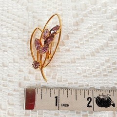 Vintage Gold Tone Leaf Brooch Pin with Purple Rhinestones 1980s Gift for Her