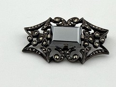 Antique Sterling Silver Unmarked natural hematite brooch Trombone Clasp 1.5”X1”